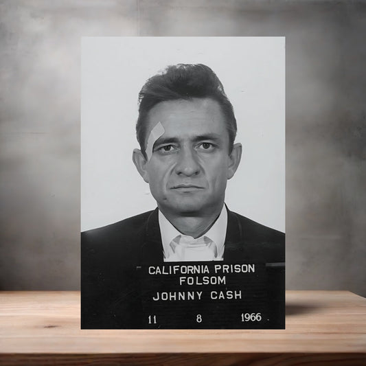 Johnny Cash mugshot poster on aluminum print. Multiple sizes available