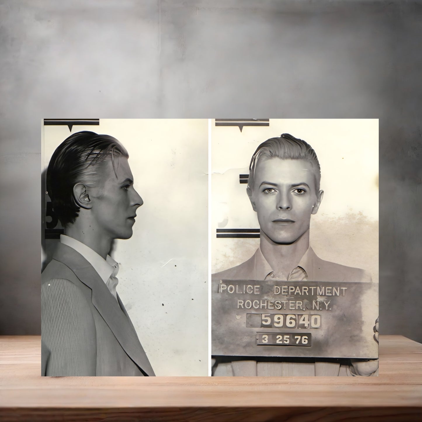 David Bowie mugshot poster on aluminum print. Multiple sizes available