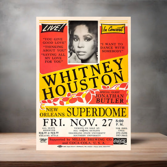 Whitney Houston Superdome concert poster on aluminum print. Multiple sizes available.