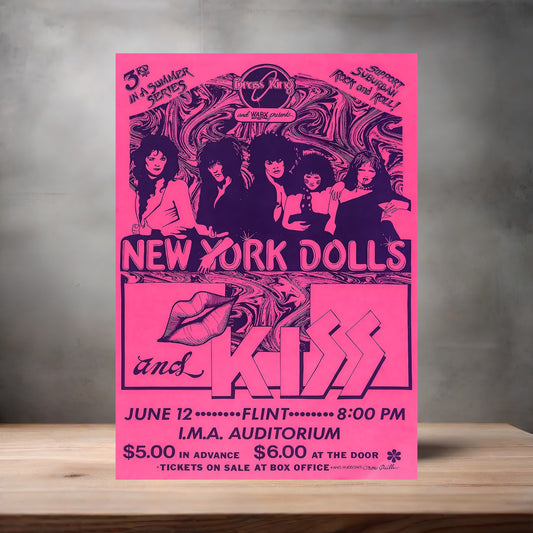New York Dolls and Kiss concert poster on aluminum print. Multiple sizes available.