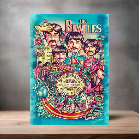 The Beatles Sgt Peppers poster on aluminum print. Multiple sizes available.