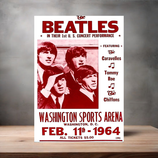 The Beatles 1964 concert poster on aluminum print. Multiple sizes available.