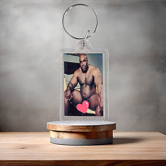 Iconic Barry Wood naked poster keychain with metal prints. Adult