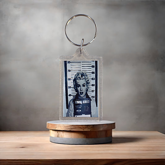 Marilyn Monroe mugshot poster keychain with metal prints. Adult v2