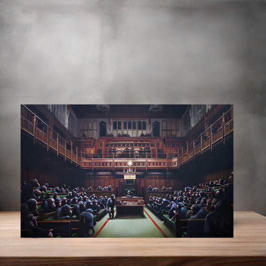 Banksy Art poster on aluminum print. Multiple sizes available, Monkey Parliament