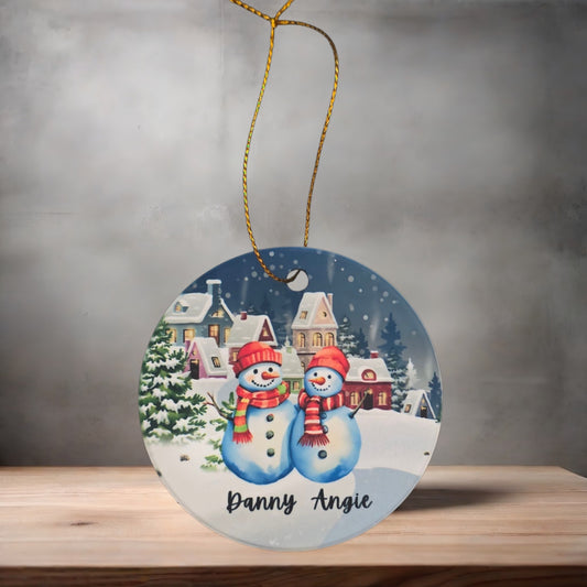 Custom Snowman Christmas ornaments , 3" round ceramic. Up to 5 Snowmen