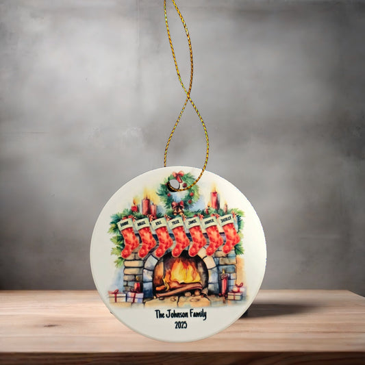 Custom Fireplace stocking Christmas ornaments , 3" round ceramic. Up to 8 stockings
