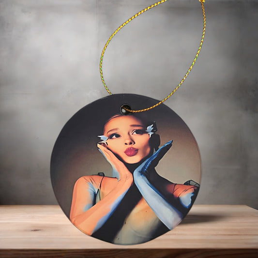Christmas ornament , 3" round ceramic. Ariana Grande