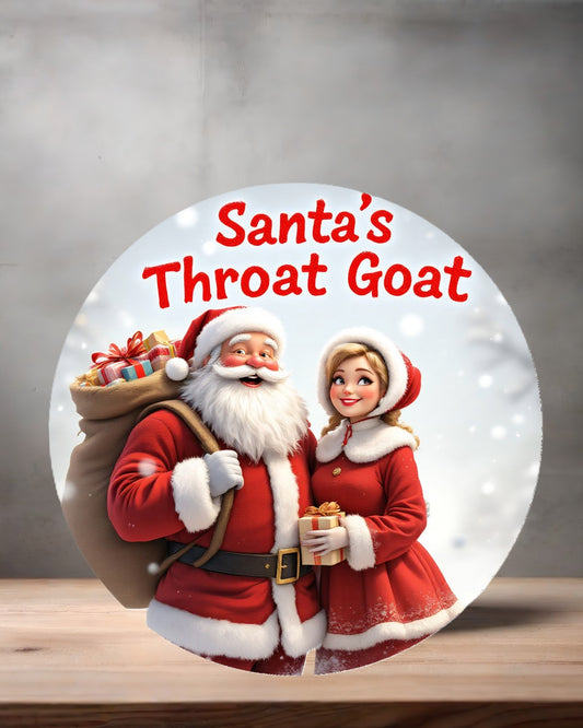 Christmas ornament , 3" round ceramic. Adult themed Santa's Throat Goat