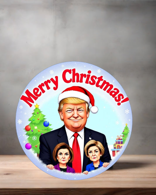 Christmas ornament , 3" round ceramic. Donald Trump Merry Christmas Pelosi and Warren
