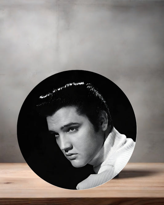 Elvis Presley Christmas ornament , 3" round ceramic. v11