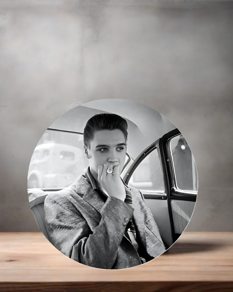 Elvis Presley Christmas ornament , 3" round ceramic. v14