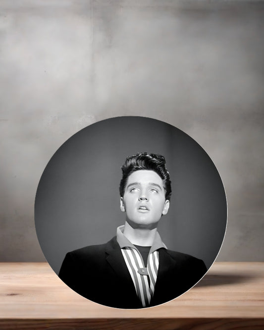 Elvis Presley Christmas ornament , 3" round ceramic. v13