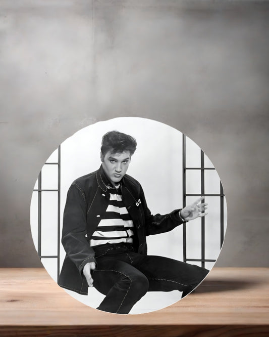 Elvis Presley Christmas ornament , 3" round ceramic. v16