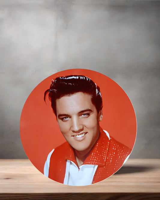 Elvis Presley Christmas ornament , 3" round ceramic. v17