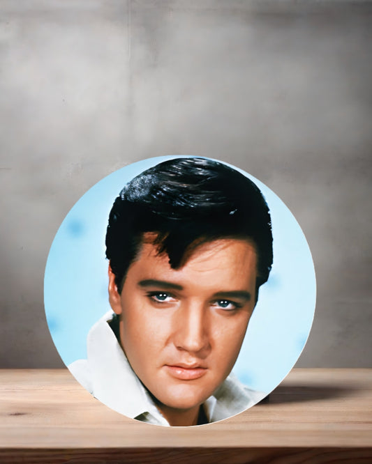Elvis Presley Christmas ornament , 3" round ceramic. v12
