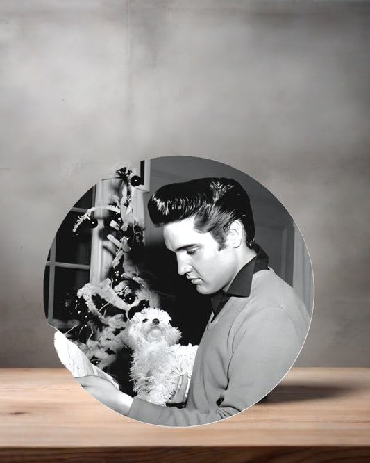 Elvis Presley Christmas ornament , 3" round ceramic. v18