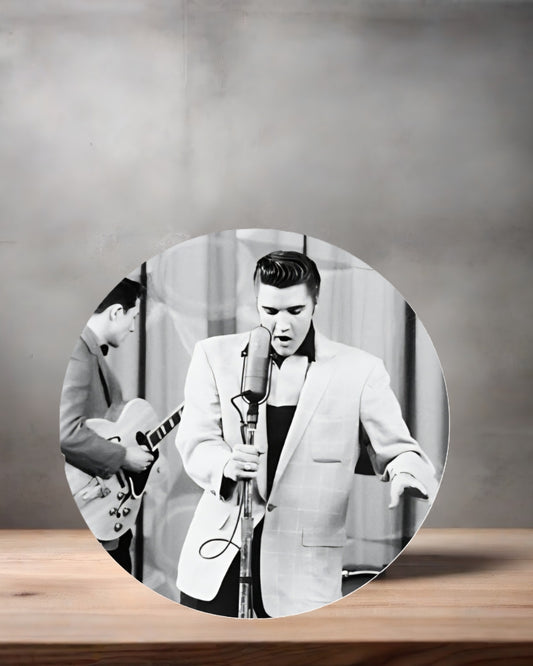 Elvis Presley Christmas ornament , 3" round ceramic. v9