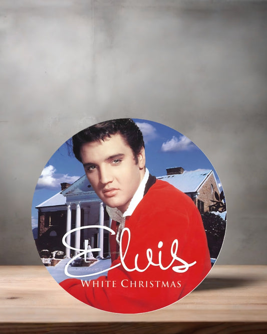 Elvis Presley Christmas ornament , 3" round ceramic. v19