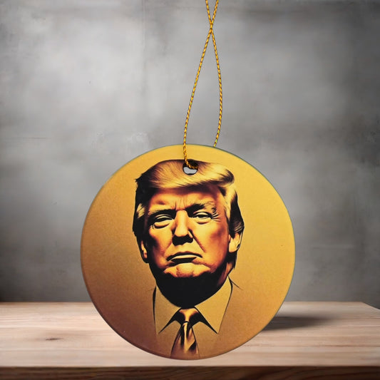 Donald Trump 3" round ceramic Christmas ornament. Black and Gold