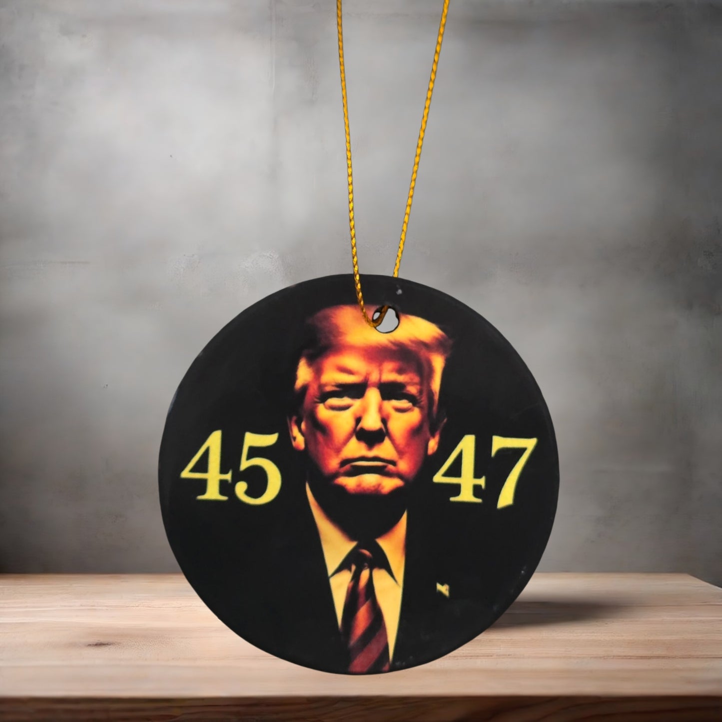 Donald Trump 3" round ceramic Christmas ornament. 45 47