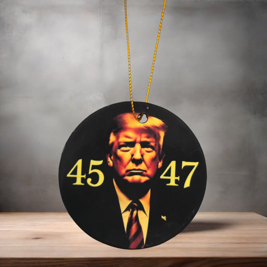 Donald Trump 3" round ceramic Christmas ornament. 45 47