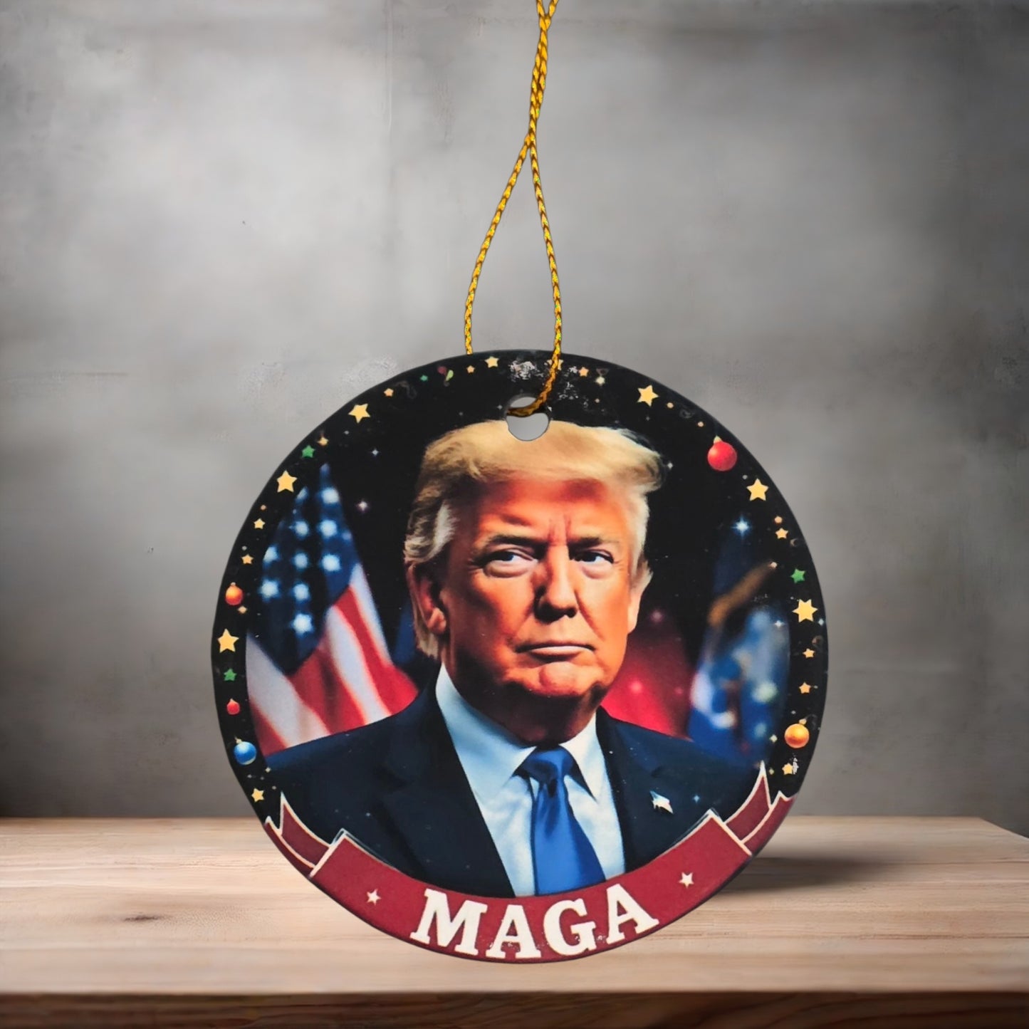 Donald Trump 3" round ceramic Christmas ornament. Set of 8 ornaments