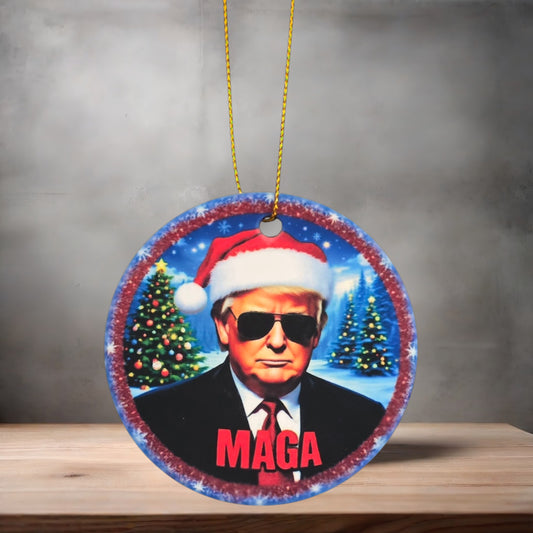 Donald Trump 3" round ceramic Christmas ornament. Maga shades