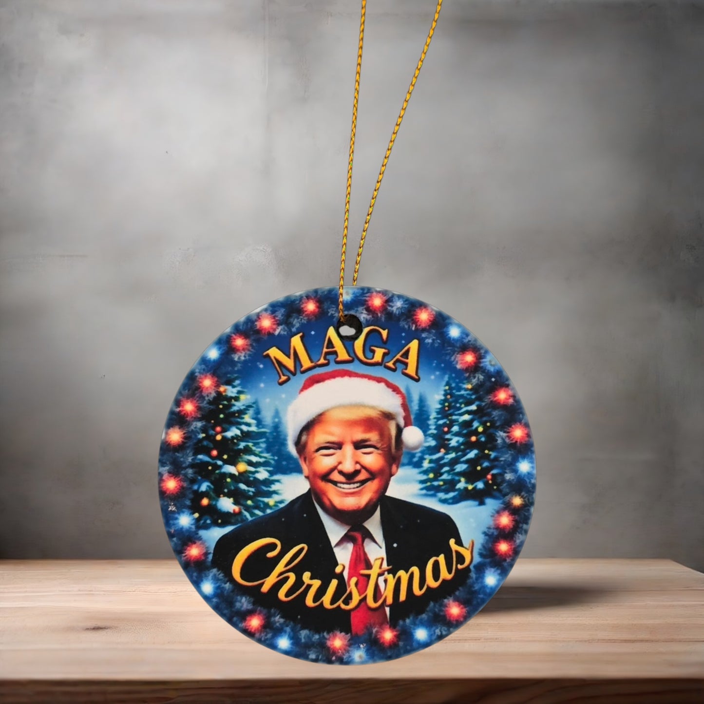 Donald Trump 3" round ceramic Christmas ornament. MAGA Christmas v2