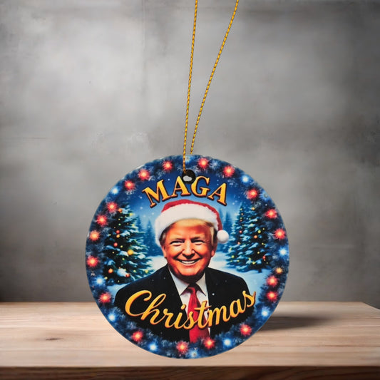 Donald Trump 3" round ceramic Christmas ornament. MAGA Christmas v2