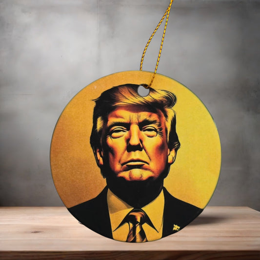 Donald Trump 3" round ceramic Christmas ornament. Gold and Black