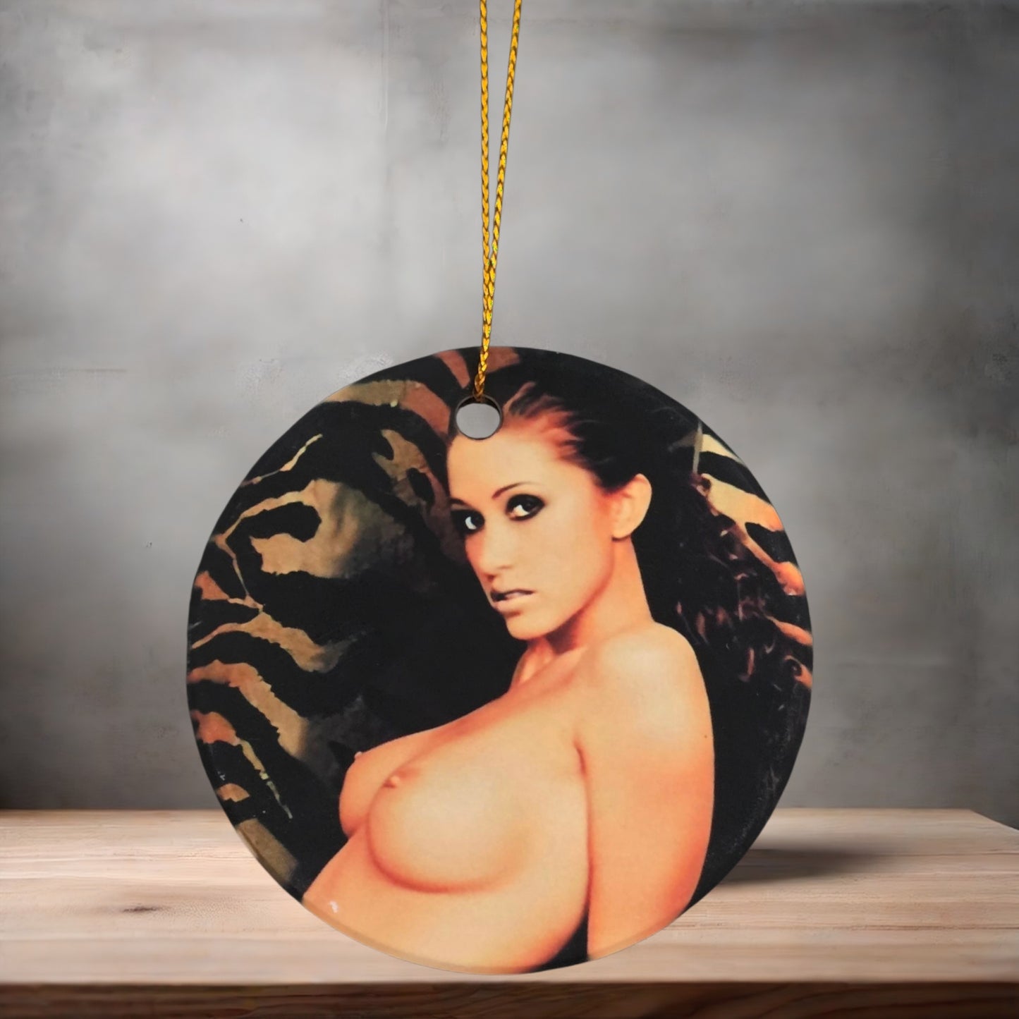 Sexy Shannon Elizabeth 3" round ceramic Christmas ornament. Nude v3