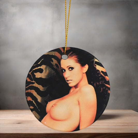 Sexy Shannon Elizabeth 3" round ceramic Christmas ornament. Nude v3