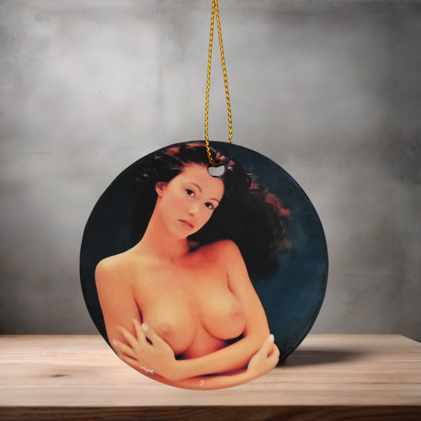 Sexy Shannon Elizabeth 3" round ceramic Christmas ornament. Nude v2