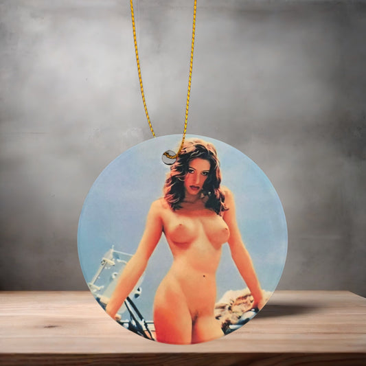 Sexy Shannon Elizabeth 3" round ceramic Christmas ornament. Nude