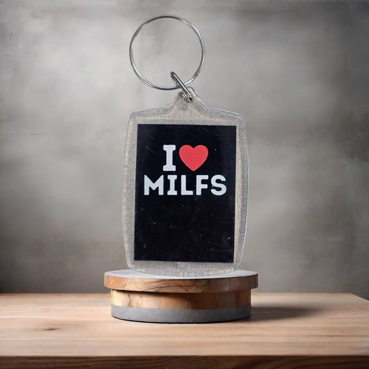 I heart Milfs keychain on aluminum prints. Adult