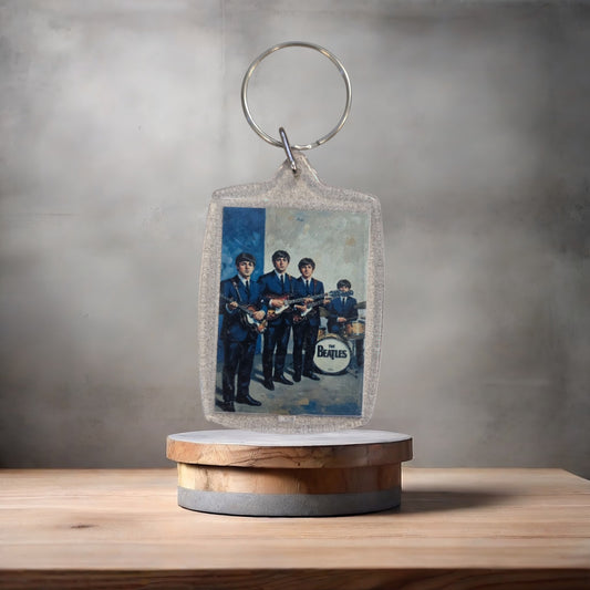 The Beatles poster keychain on aluminum prints.