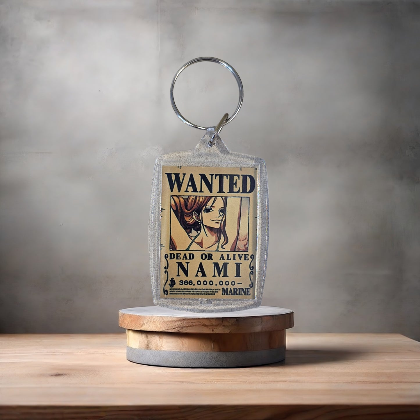 One Piece Anime Wanted poster keychain on 2 aluminum prints. Nami