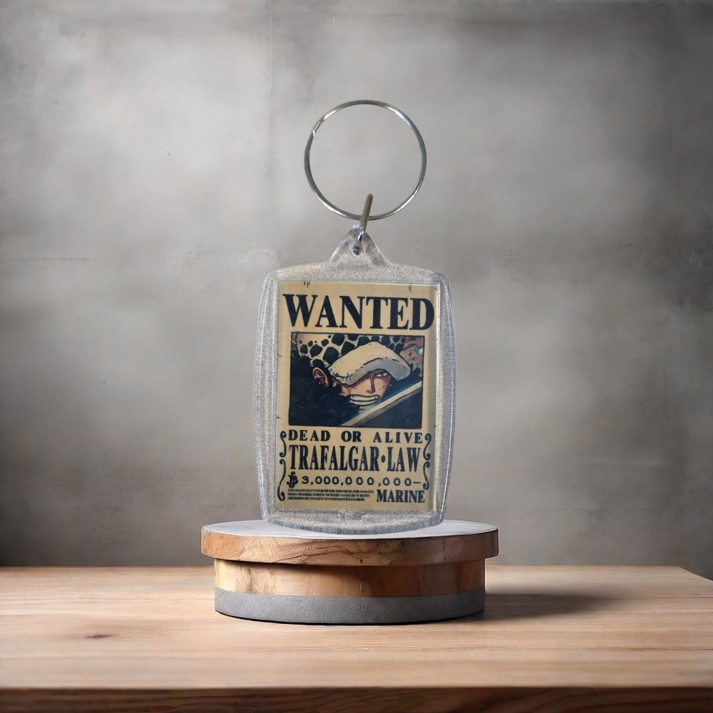 One Piece Anime Wanted poster keychain on 2 aluminum prints. Trafalgar Law