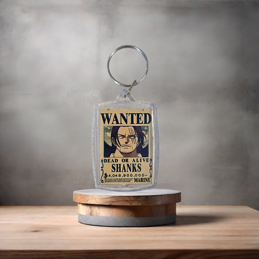 One Piece Anime Wanted poster keychain on 2 aluminum prints. Shanks