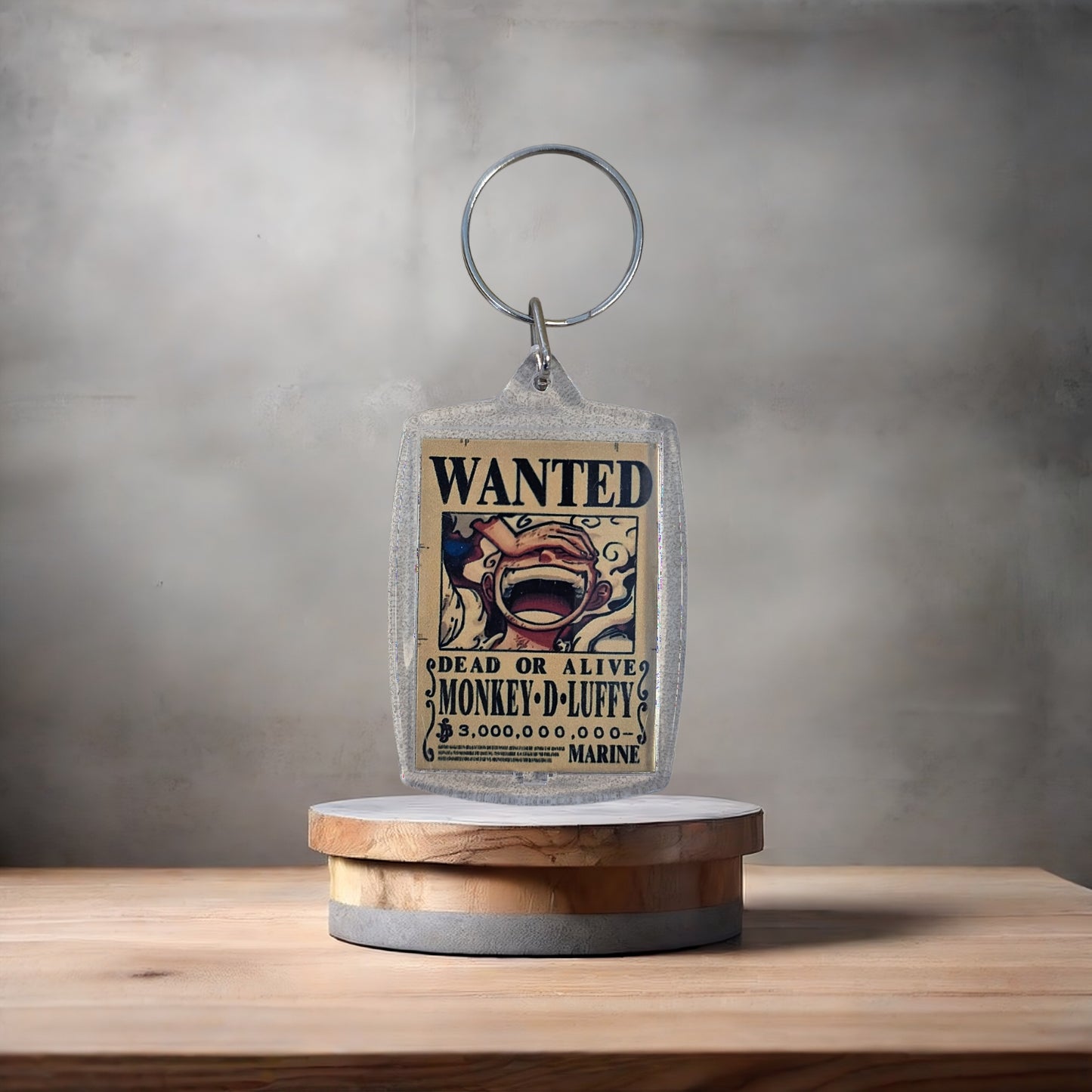 One Piece Anime Wanted poster keychain on 2 aluminum prints. Monkey D Luffy