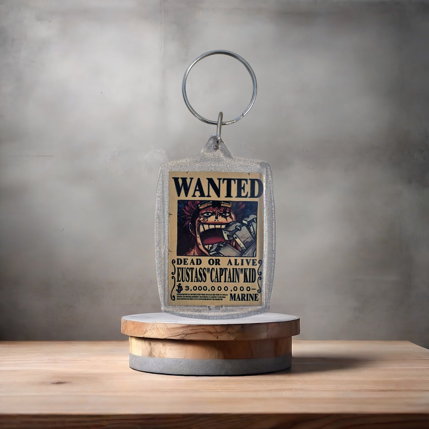 One Piece Anime Wanted poster keychain on 2 aluminum prints. Eustass Captain Kid