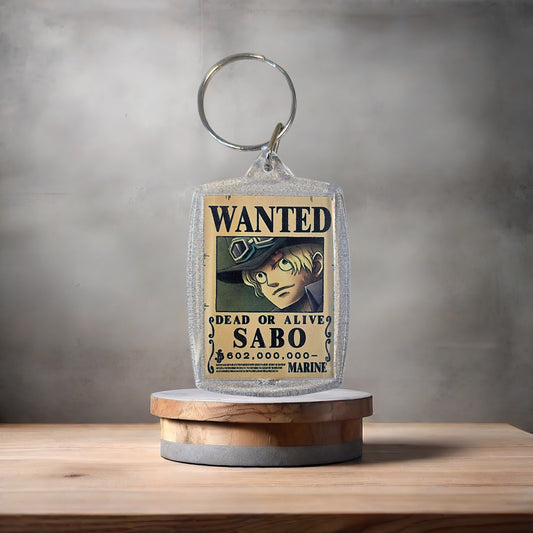 One Piece Anime Wanted poster keychain on 2 aluminum prints. Sabo