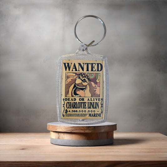 One Piece Anime Wanted poster keychain on 2 aluminum prints. Charlotte Linlin