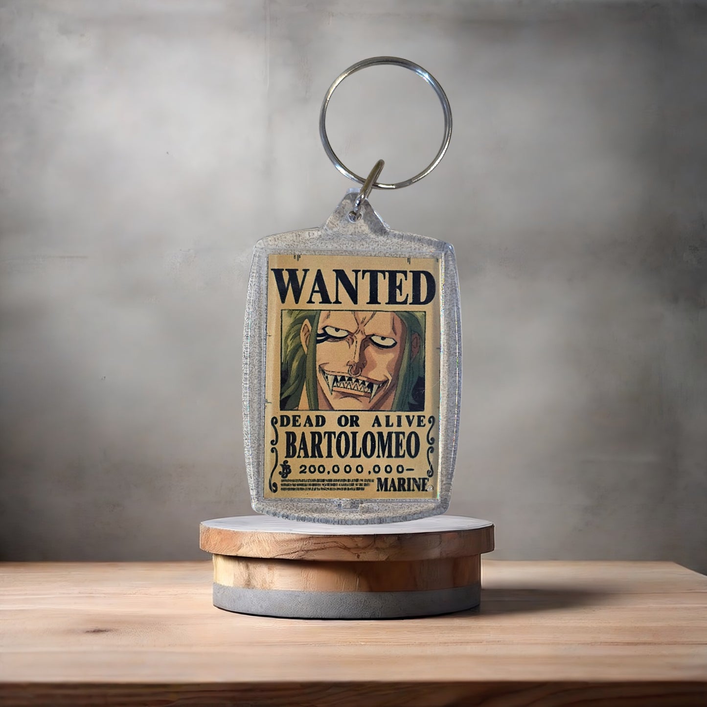 One Piece Anime Wanted poster keychain on 2 aluminum prints. Bartolomeo