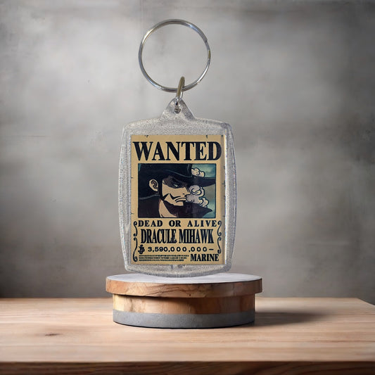 One Piece Anime Wanted poster keychain on 2 aluminum prints. Dracule Mihawk