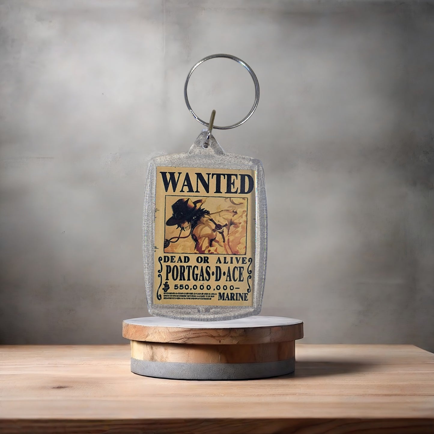 One Piece Anime Wanted poster keychain on 2 aluminum prints. Portgas D Ace