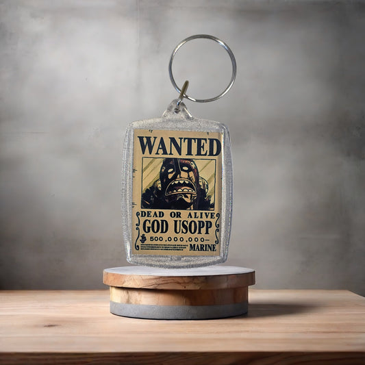 One Piece Anime Wanted poster keychain on 2 aluminum prints. God Usopp