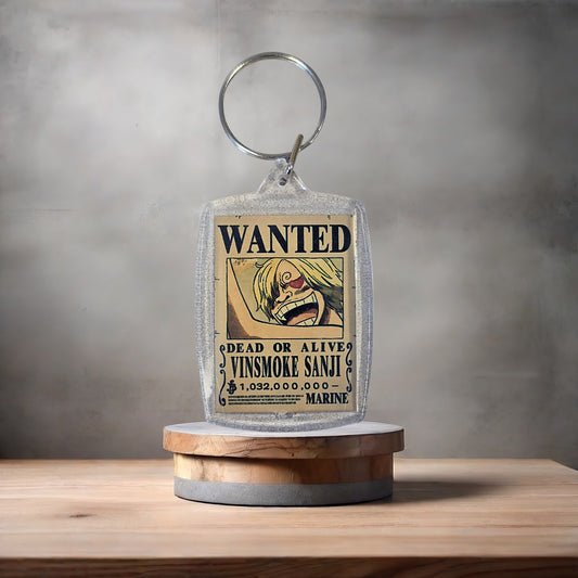 One Piece Anime Wanted poster keychain on 2 aluminum prints. Vinsmoke Sanji