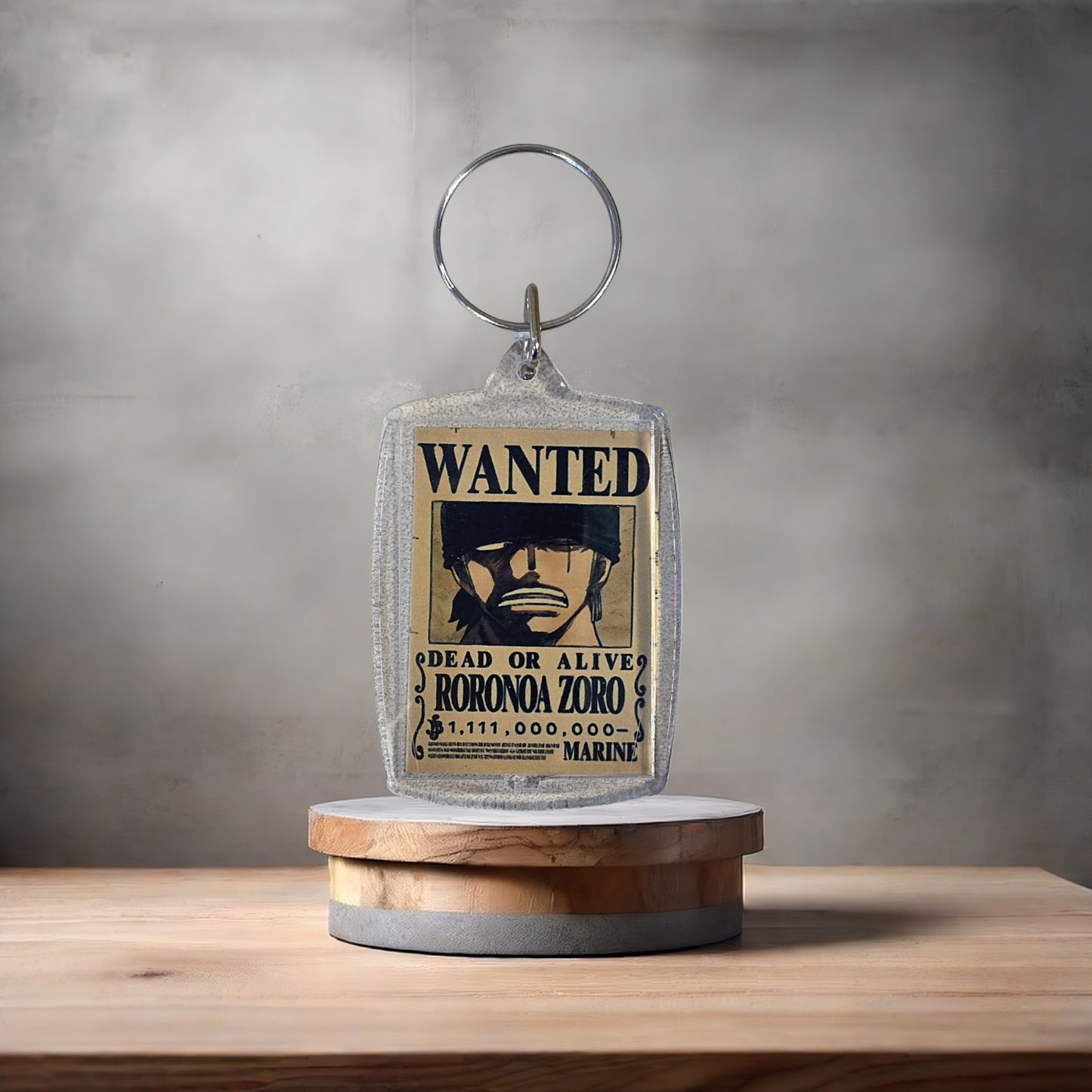 One Piece Anime Wanted poster keychain on 2 aluminum prints. Roronoa Zoro